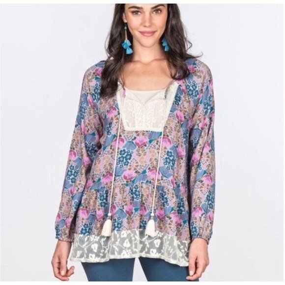 Matilda Jane Floral Print Tassel Lace Keyhole Long Sleeve Peasant Blouse Size S - Picture 1 of 10
